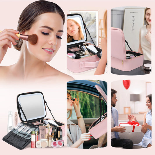 Makeup Train Case with 3 Color Adjustable Brightness LED Mirror Cosmetic Travel Case Adjustable Dividers Toiletry Bag for Lady